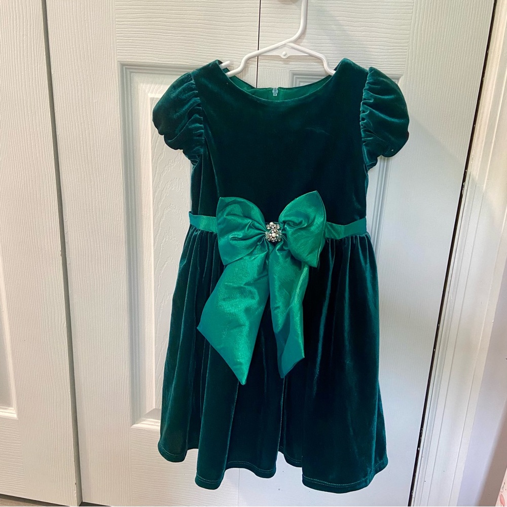 RARE EDITIONS Velvet Dress Little Girls Hunter Tie-Front Bow Back Zip Closure